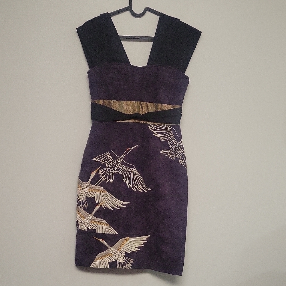 Floreat Anthropogie Purple Dress with Crane Motif